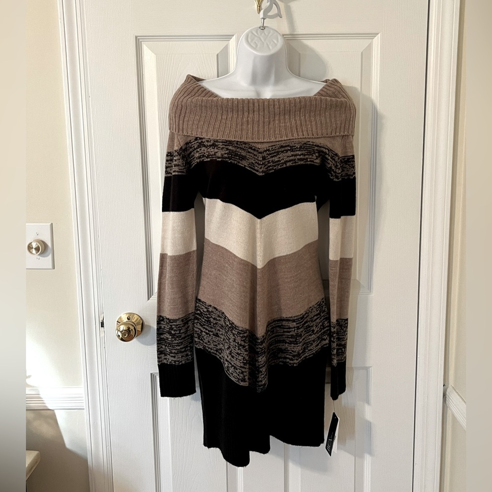 Heather Taupe - Striped - Sweater Dress - Medium